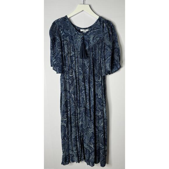 Go Softly Patio House MuMu Dress Sz M Full Zip Tassel Blue Paisley Pockets Rayon - Picture 1 of 10